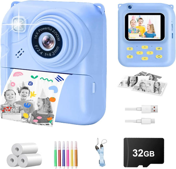 QDH Instant Print Camera for Kids, 1080P Video Camera with 3 Print Rolls,
