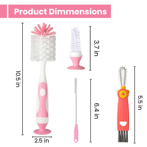 4-in-1 Set, Ariseno Baby Bottle Brush Including Nylon Bottle Brush, Cap, Straw, Nipple Brushes, BPA-Free (Pink)