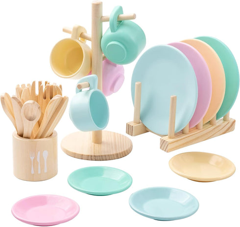 Set -27Pcs Set, 3-5, GAGAKU Kids Wooden Play Dishes Montessori Play Kitchen Accessories Plates and Bowls Storage Stand