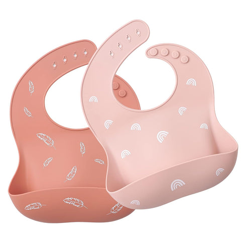 ROCCED 2 Sets Baby Silicone Bibs - Soft Adjustable Waterproof Bibs with Food Catcher for Toddlers (Soft Pink/Pale Mauve)