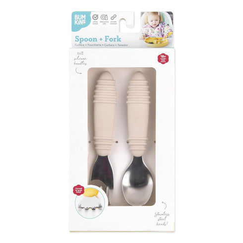 Bumkins Toddler Utensils, Kids Size Fork and Spoon Set, Silicone and Stainless-Steel Training Silverware