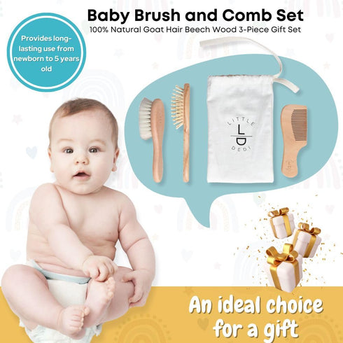 Set Premium Baby Hair Brush Natural Goat Hair & Bamboo Bristle Brushes, Beechwood Comb, Cotton Pouch Gentle Scalp Care