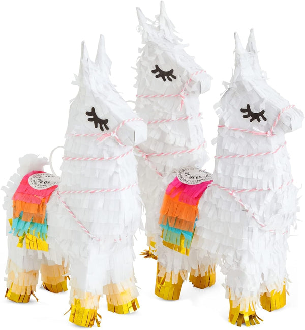 Mini Llama Pinata 3-Pack - 4.9 x 2.1 x 10.2 in. Multicolor Corrugated Paper & Gold Tissue Accents for Table Decor &
