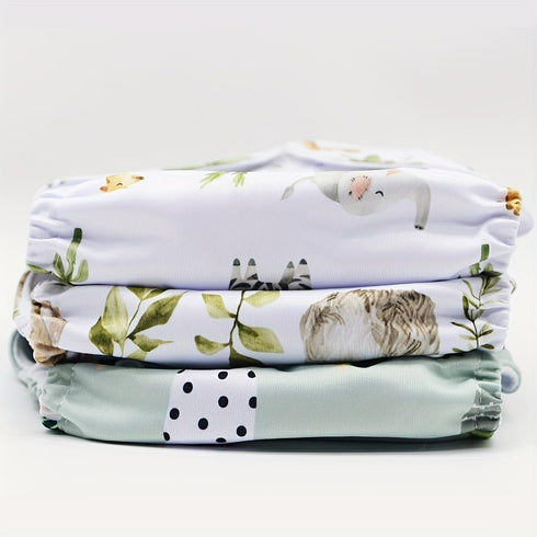 3 3 pcs Hook and Loop Fasteners Design Baby Reusable Cloth Diapers with Microfier Inserts (Animals Prints)