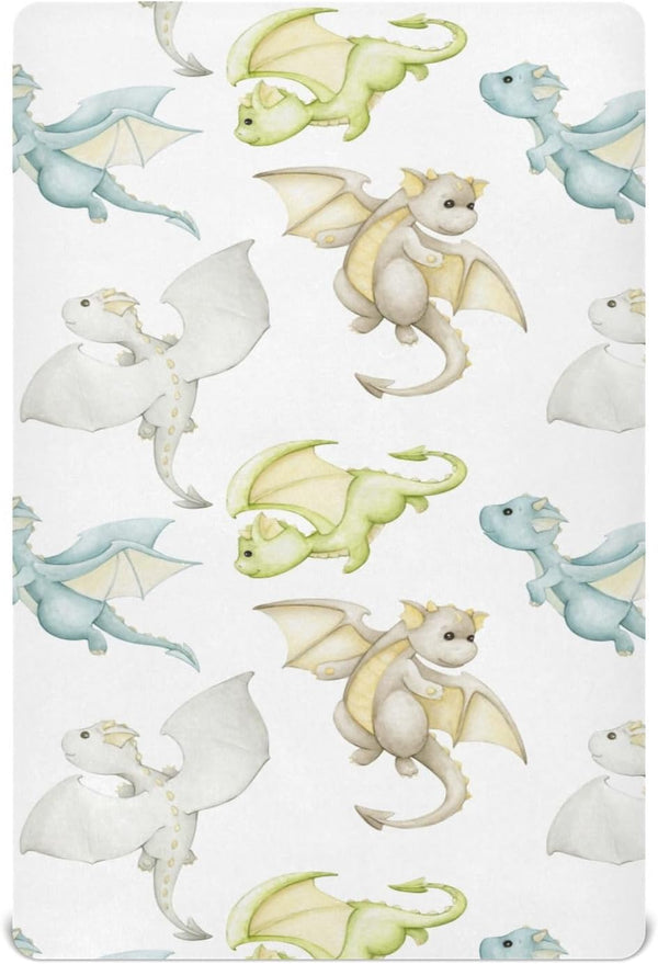 CHUROUSY Cute Fiery Dragon Crib Sheets for Boys Girl Watercolor Cartoon Little Dragons