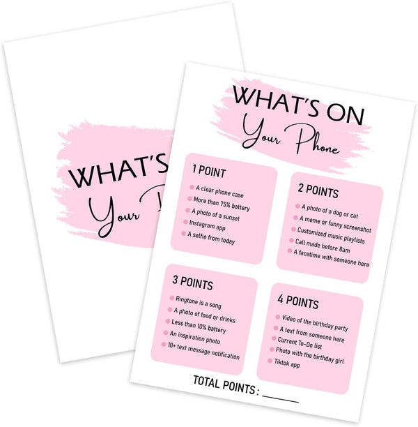 Birthday Party Game - What's On Your Phone, Set of 20 Cards for Girl Birthday Activity Supplies and Decorations