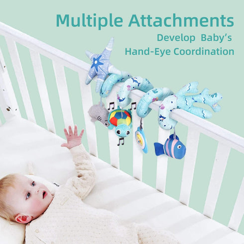 Upscale Trail 5-Piece Set 0-6 1 Deluxe Spiral Plush Toy - Cute Hanging Baby Rattle Animals including Shark Ideal
