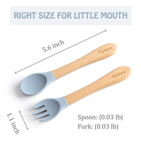 Ginbear Silicone Baby Spoon and Fork Set for Self-Feeding, Toddler Flatware 6 Months+ (Hazy Green/Almond)