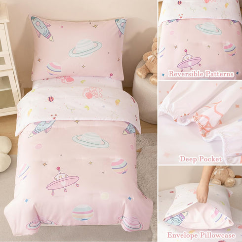 4 Set Set PERFEMET Piece Toddler Girl Bedding Space Theme Pink Toddler Bed with Sheets Soft Reversible Astronaut