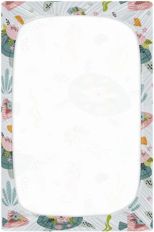 Fitted Crib Sheets, Turtle Sea Horse Stretchy Portable Playard Sheets, Soft Mini Crib Mattress 39 x 27 in for Babies