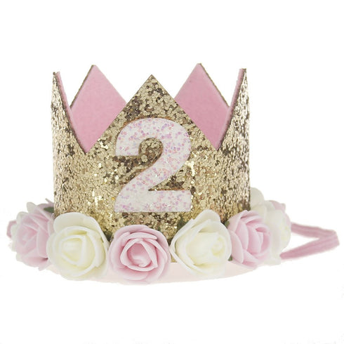 2nd Baby Birthday Crown Flower Tiara Headband, 2 Year Old Birthday Party Hat Hairbands, Princess Photo Props