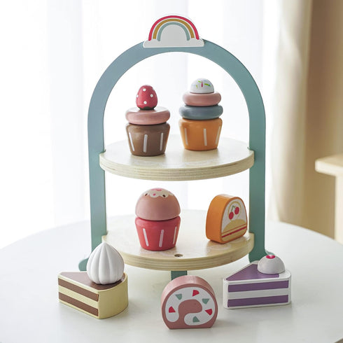 MIKNEKE Set Set Sets Wooden Dessert Cake Play Food Toys, Pretend Play Kids Tea Party for Little Girls Toddlers