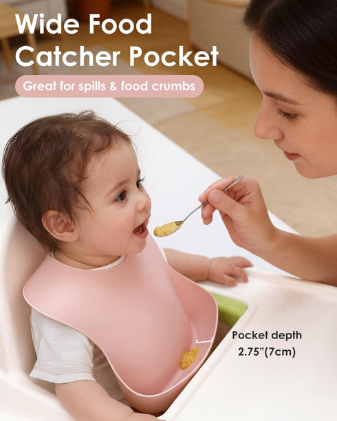Tiny Marvels Silicone Bibs for Babies with Food Catcher Pocket, Adjustable Waterproof Feeding Bib for Infants