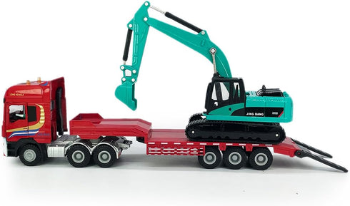 Flatbed Truck Toy with Crawler Excavator - Metal Diecast Construction Vehicles 2 in 1 Vehicle Playset for Boys