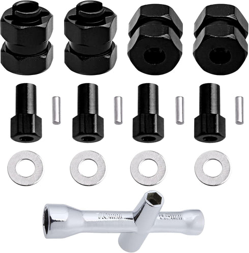 4 Pieces Aluminum Extended 7mm Hex Wheel Hubs & 8mm Thick Wheel Spacers for Axial SCX24 Models (Black)