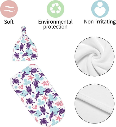 Sanghing Sets Sea Turtle Ocean Coastal Newborn Swaddle Blankets Baby Stuff Soft Swaddling Blanket with Beanie Gifts