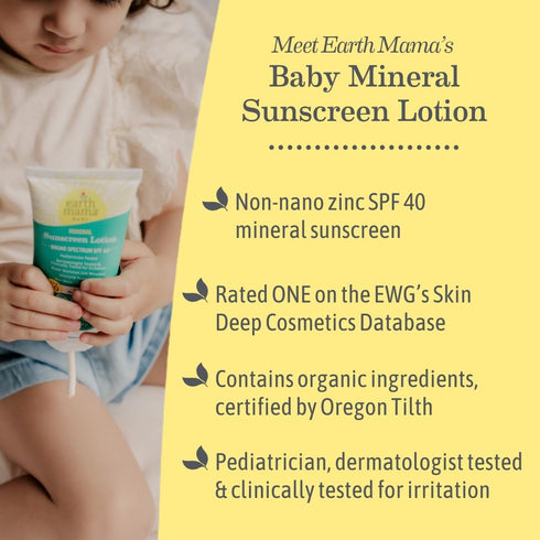 Earth Mama 40 3-Ounce (2-Pack) Baby Mineral Sunscreen Lotion SPF | Non-Nano Zinc, Natural Water Resistant Sun Cream
