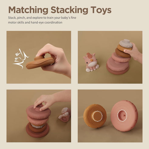 Nueplay 7 Pcs Stacking & Nesting Baby Toys, Squeeze Teething Toys with Pink Horse Figure, Newborn Essentials