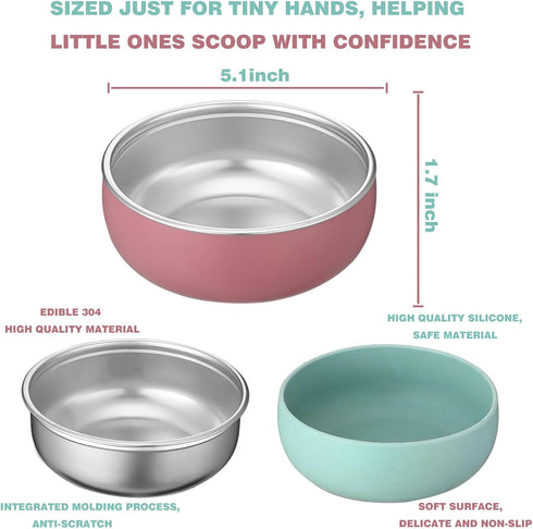 Oariips 6 Pack Stainless Steel Kids Bowls, Baby Bowls with Removable Silicone Shell, Anti Scald Toddler Snack Container