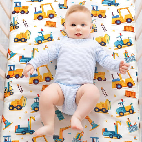FIGEPO 4 Pack Set Baby Boy Crib Sheets Soft Fitted Baby Boy Mattress Covers Construction Truck or Dinosaur Theme