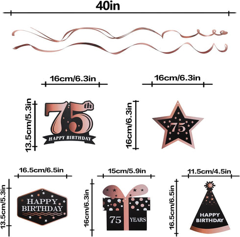 LINGTEER Happy 75th Birthday Decorations, 12Pcs Black & Rose Gold Swirls Streamer Set for 75 Years Old Bday Party