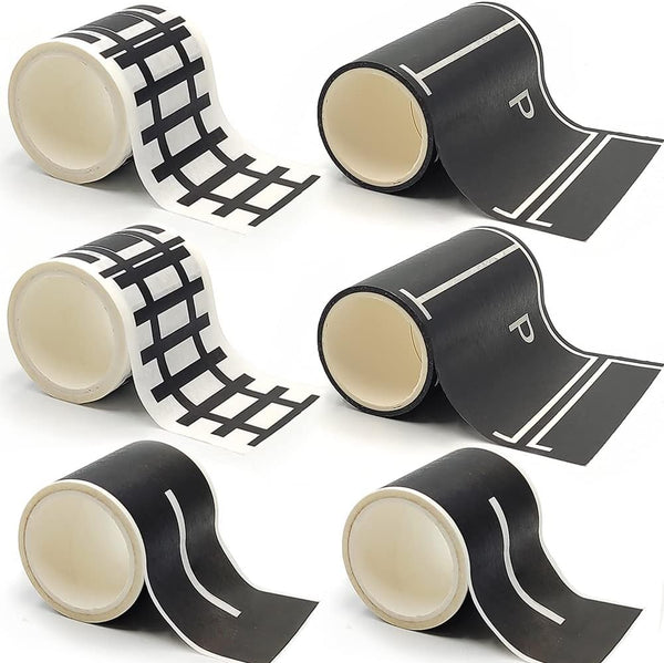 Play Road Tape for Toy Cars Trains 6-Pack, Black Car Track Tape, No Residue for Kids Gift (TAPE6)