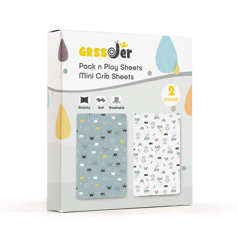 GRSSDER Stretchy Ultra Soft Jersey Knit Fitted Pack n Play Sheets Set, 2 Pack for Portable Cribs