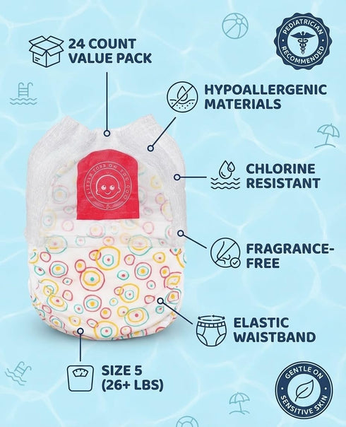 5 (26+ lbs) (24 Count) Little Toes Premium Natural Disposable Swim Diapers, Size Large | Baby Disposable Swim Diapers |