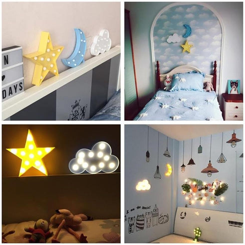 3PCS Decorative LED Crescent Moon Cloud and Star Night Lights Lamps Marquee Signs Letters for Baby Nursery Decorations