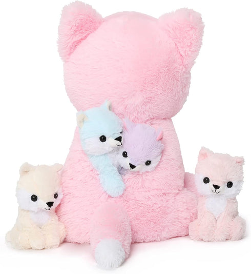 MorisMos Stuffed Fox Mommy & Babies Plush Toy Set, Large Soft Foxes for Women, Girls, Kids