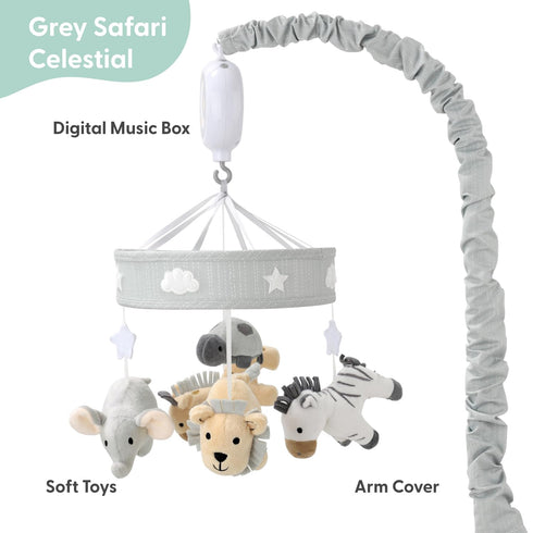 12 The Peanutshell Crib Mobile for Boys or Girls - Grey Musical Baby Crib Mobile with Lullabies, Lion, Elephant, Zebra