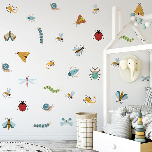 Insect Cartoon Wall Sticker, Nursery Decor, Caterpillars, Dragonflies, Snails, Ladybugs Wall Decor Mural for Nursery