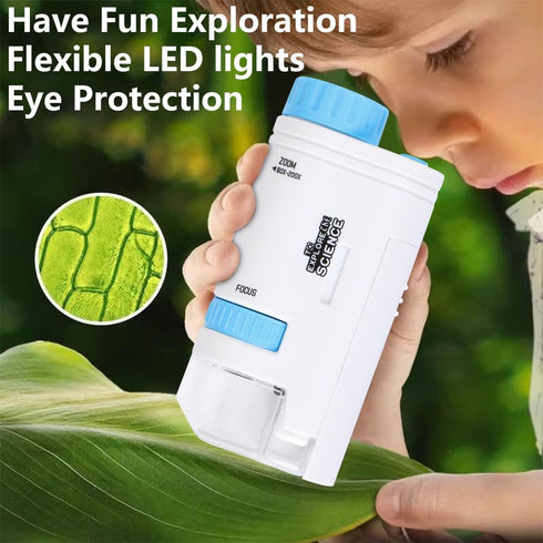 Microscope Pocket Handheld Miniscope 80X-200X Portable with LED Light for Learning and Exploring (Blue)