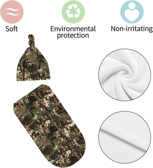Valvphora Camo Swaddle Blankets Newborn Receiving Blanket Baby Swaddle Wrap with Hat, Hunting Soft Sleeping Clothes