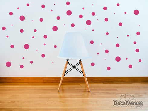 Set of 100 Hot Pink Vinyl Wall Decals - Assorted Polka Dots Stickers - Removable Adhesive for Nursery Kids Room Decor