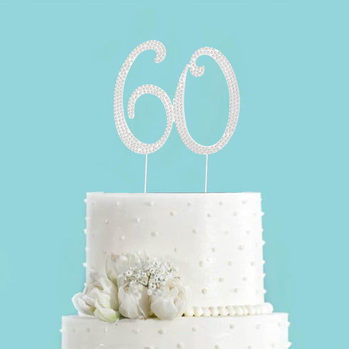 60th Birthday Decorations - 60 Cake Topper, Silver Rhinestone Diamond Bling Anniversary Wedding Cake Decoration