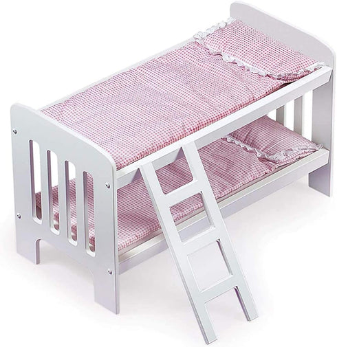Badger Basket Toy Doll Bunk Bed with Gingham Bedding, Ladder, Personalization Kit for 20 Inch Dolls - White/Pink