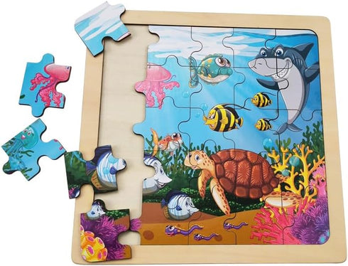 Wooden Jigsaw Puzzle Set - 3 Pcs Farm, Jungle, and Sea Animals, Educational Preschool Toys