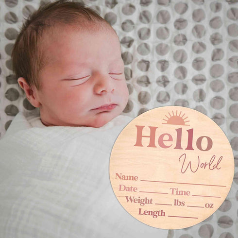 Hello World Newborn Announcement Sign - Custom Birth Stats Plaque for Photos
