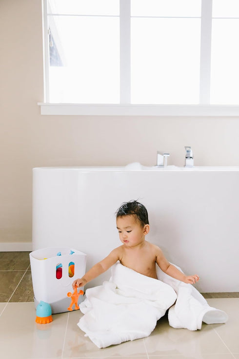 Set, 11 Ubbi Baby Bath Time Essential Gift Includes Drying Bin and Bath Toys, Dishwasher Safe, White