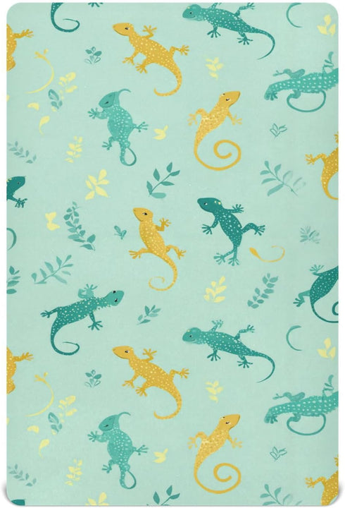 Vdsrup Crib Sheets for Boys Girl Green Lizards Chameleons Breathable Mini Crib Mattress
