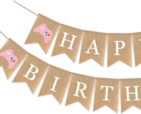 Video Game Birthday Decorations - Pink Game Controller Happy Birthday Burlap Banner, Gamer Themed Sign