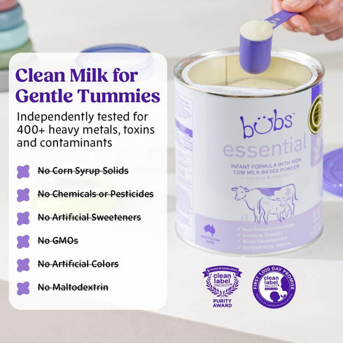 0-12 20 oz Bubs Essential Infant Formula, with Iron, Cow Milk-Based Powder, for Infants Months, Made with Non-GMO Milk