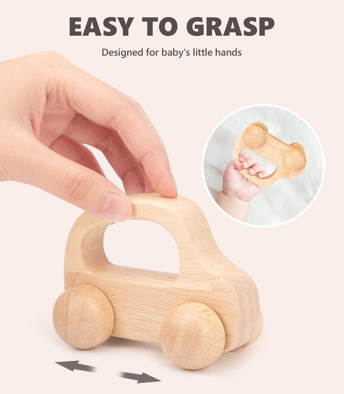 Wooden Baby Cars Toys - 2 PCS Wooden Cars for Toddlers 1-3, Montessori Toys for Babies 0-12 Months, Neutral Nursery
