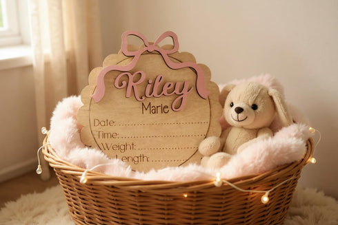 Personalized Baby Girl Birth Announcement Stat Sign with Bow Custom Round Wooden Name Plaque with Scalloped Edge