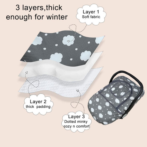 Winter Carseat Cover, Baby Car Seat Covers for Infant, Thick Padded, Grey Cloud, Canopy with Zipper Open