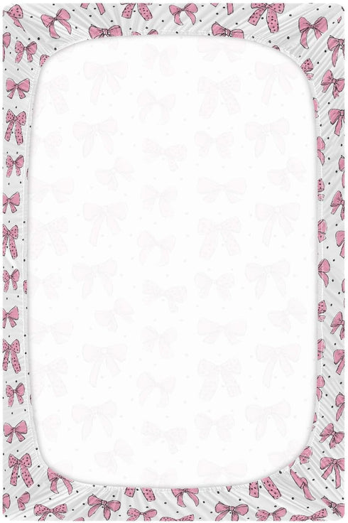 Vdsrup 39 27 5In Crib Sheets for Boys Girl Pink Bows Polka Dots Neutral Mini Crib Mattress Sheets Fitted, Toddler Baby
