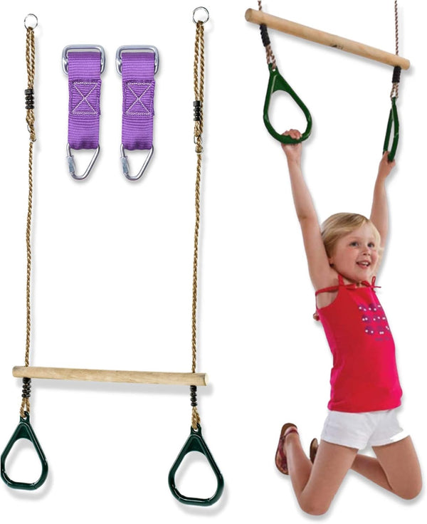 Wooden Trapeze Swing Bar for Kids, 18" Adjustable Height Monkey Bars Rings, Ninja Warrior Obstacle Course Accessories