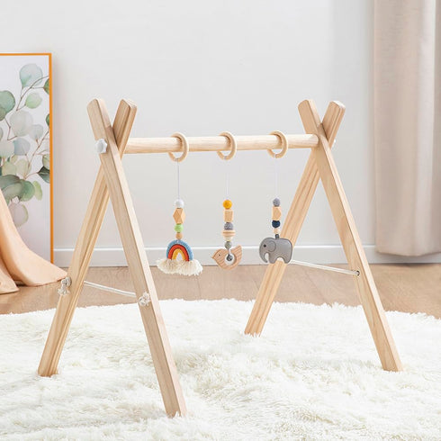 ToyKing 4 Wooden Baby Play Gym with Hanging Bar, Gym Toys and Natural Pine Wood, Perfect for Infant Development