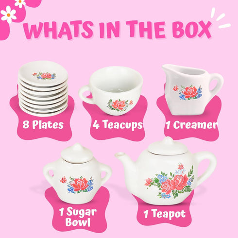 17 Set Playset, Pieces Floral Miniature Porcelain Ceramic Tea - Pretend Play Kids Toy Mini Kitchen Fun Doll Dramatic